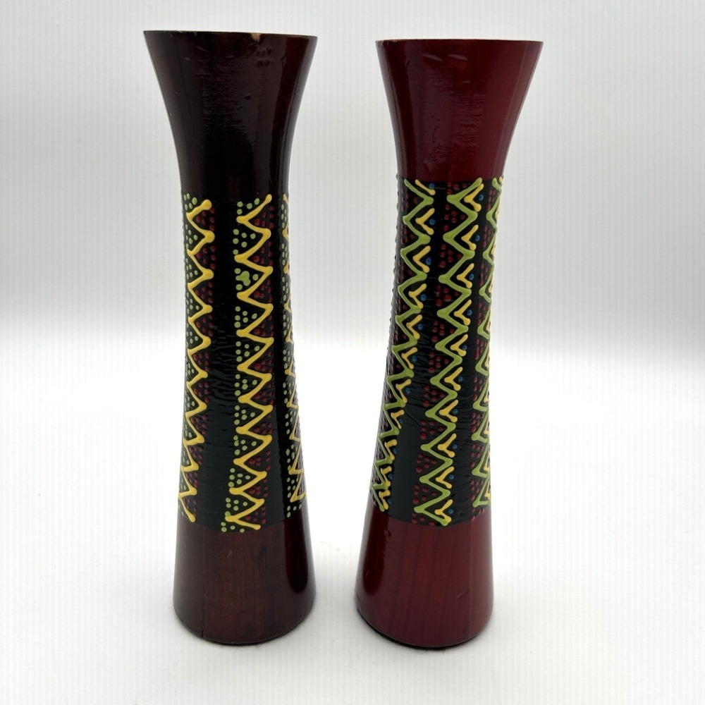 Hand Painted Wooden Candlestick Holders OS Red Brown Tribal Pattern Set